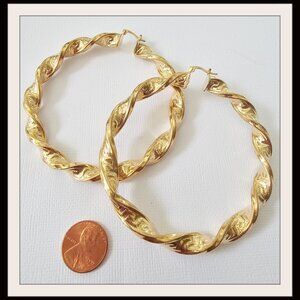 Chunky Hammered Gold Hoop Earrings 3" Lightweight Hoops New G213